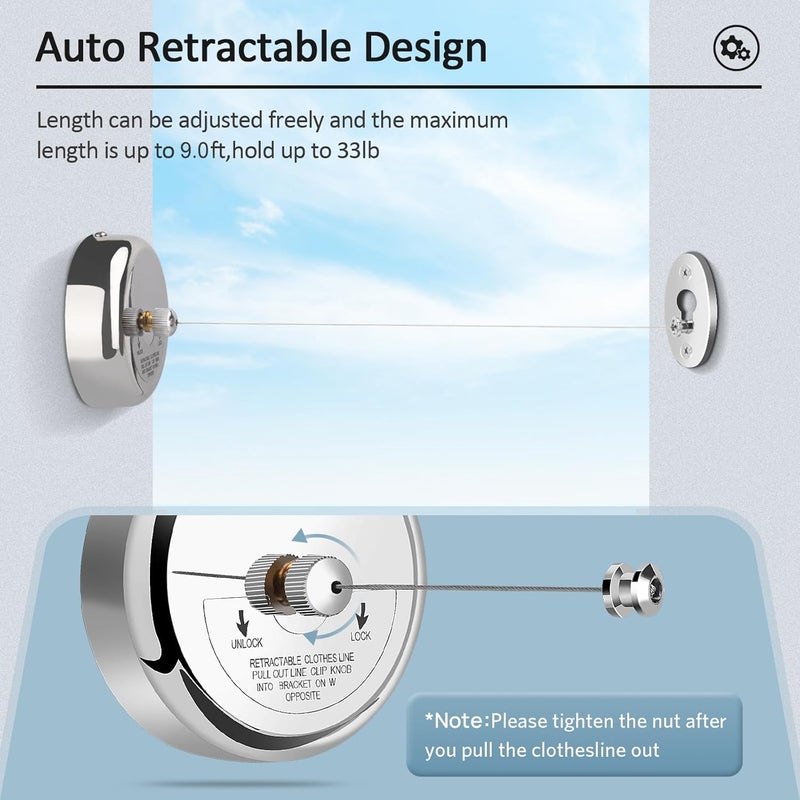 Clatoon Retractable Clothesline 9.0 Feets, 304 Stainless Steel Clothes Line Dryer with Heavy Duty Adjustable Stainless Steel Rope String for Hanging Drying Bathroom, Laundry, Hotel, Indoor & Outdoor - Image 4